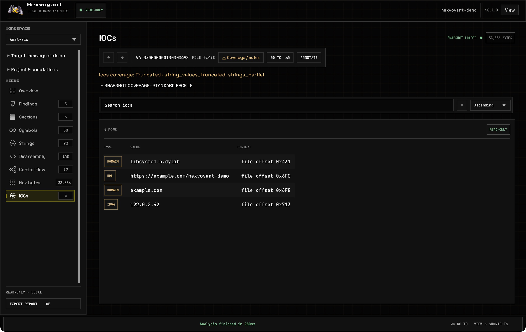 Hexvoyant native IOC workspace showing documentation-only indicator rows from the owned benign fixture