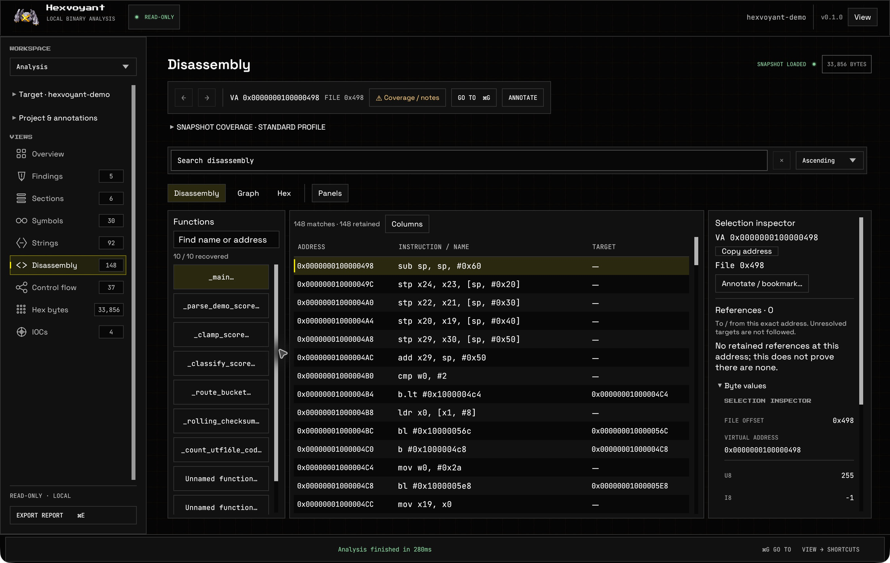 Hexvoyant native instruction listing with addresses, bytes, ARM64 instructions, navigation controls, and selection inspector