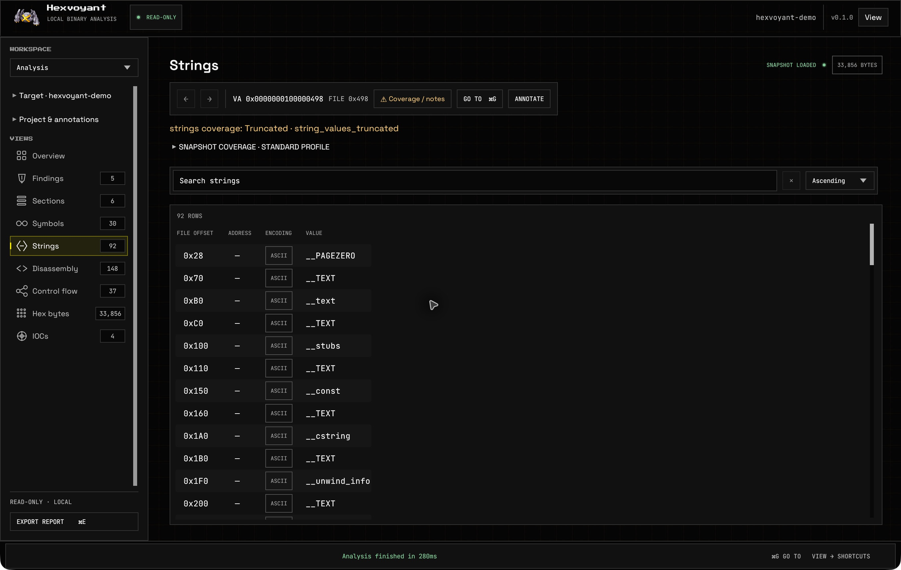 Hexvoyant native Strings workspace showing the bounded extracted-string table for the owned fixture